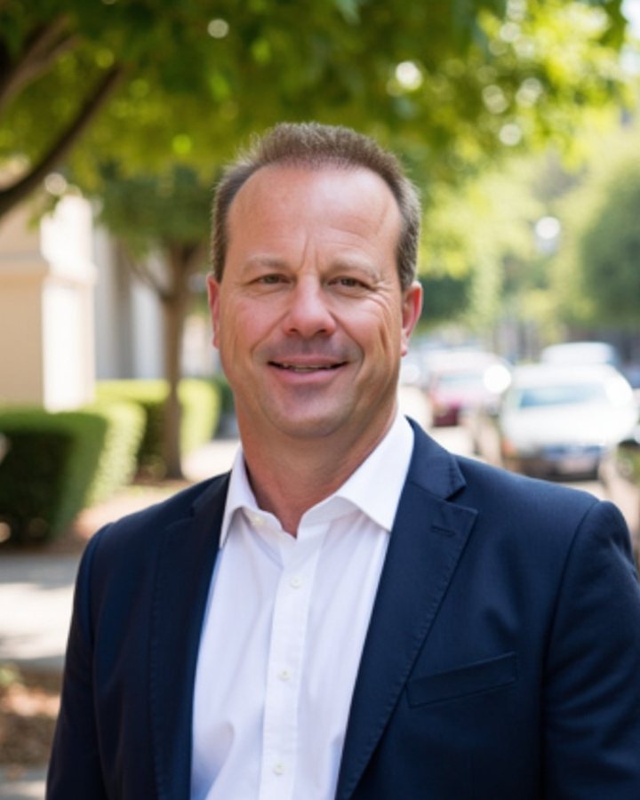 Chris McDaniel, smiling, in a navy blazer and white shirt